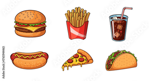 Illustration showcasing a variety of fast food items including burger fries soda hotdog pizza and taco