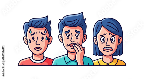 Three cartoon characters displaying anxiety and distress with visible sweat and nervous gestures shown