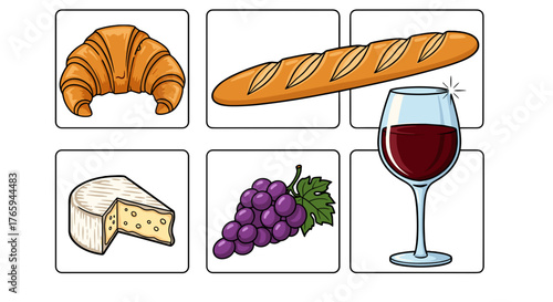 Cartoon illustration of a croissant, bread, wine, cheese, and grapes in separate white boxes