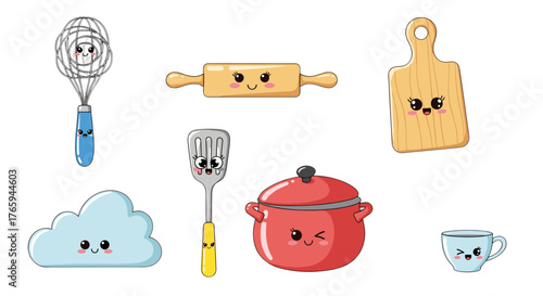 Collection of cute kitchen utensils with kawaii faces including whisk rolling pin and cutting board design