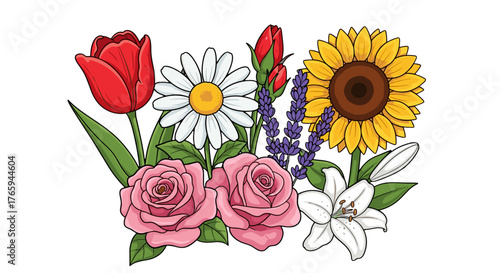 A vibrant bouquet featuring a tulip, daisy, roses, lavender, sunflower, and a lily in full bloom