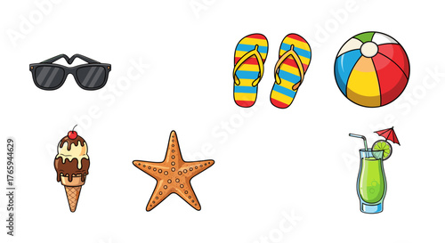 Illustration depicting summer beach essentials including sunglasses, flip flops and a beach ball