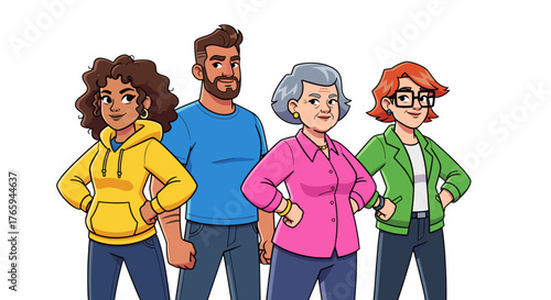 Diverse group of four people standing together smiling and posing with hands on their hips in casual clothes