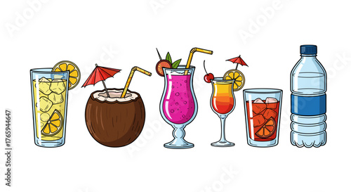Illustration of various colorful cocktails and a water bottle arranged in a row on a white background