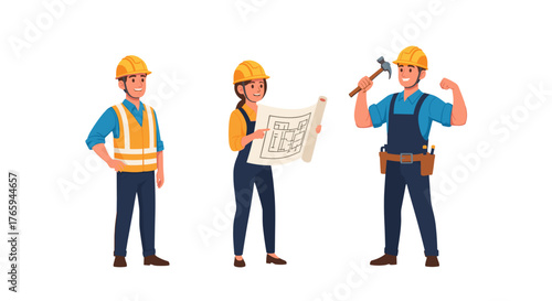 Three construction workers in hard hats and work clothes standing and working together on a project plan
