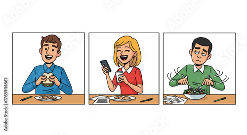 Three panels showing people eating lunch with different emotional expressions and activities shown here