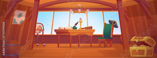 The interior of a pirate ship's cabin with wooden walls, a chest, windows, a table, and a chair.