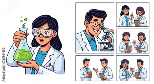 Cartoon image showing scientists in lab coats conducting experiments and discussing results in a laboratory