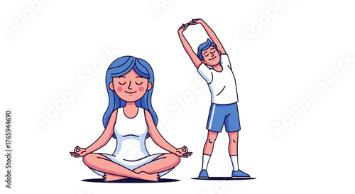 Woman meditating in lotus position and man stretching arms overhead in white background illustration
