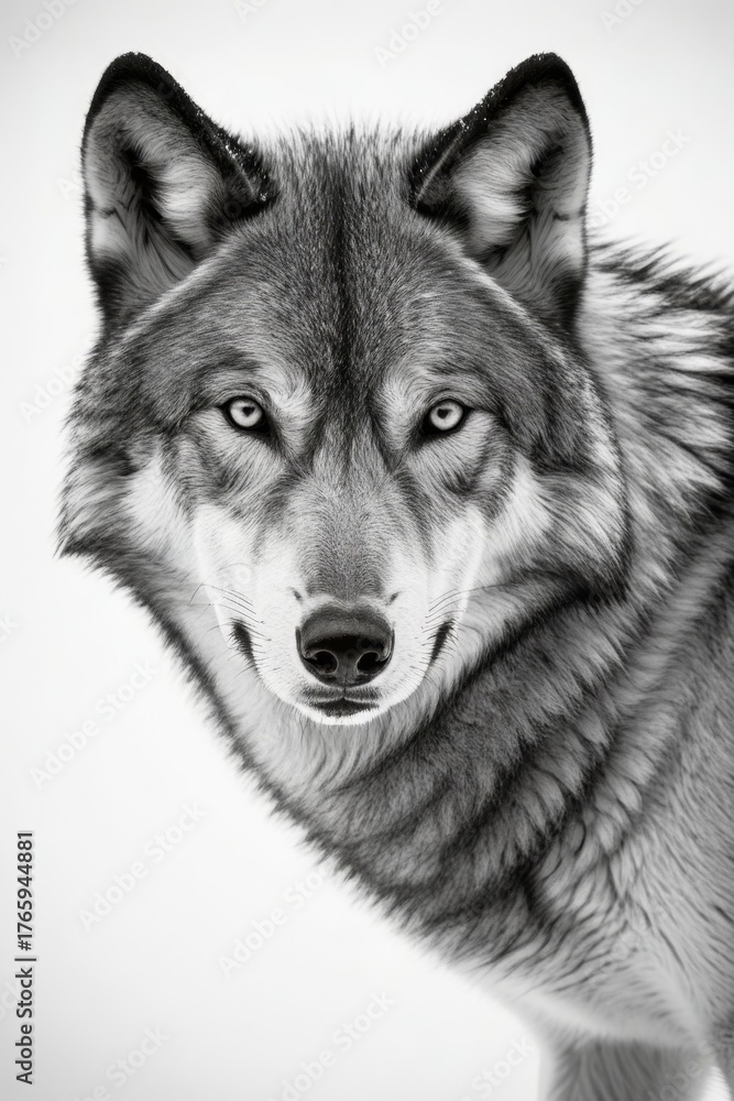 Fototapeta premium Detailliertes Porträt eines majestätischen Wolfes in Schwarz-Weiß mit scharfen Augen und markanter Fellstruktur