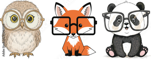 Cute Cartoon Animals Wearing Glasses Vector Set, Owl Fox and Panda Bear Character Illustration, Smart Nerd Pet Graphics for Kids.