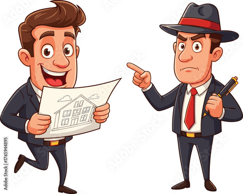 Cartoon businessmen in suits discussing house project, real estate planning, architecture meeting, property investment, negotiation, teamwork, communication, office illustration, concept