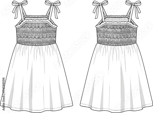 Cartoon girl dress illustration, sleeveless fashion sketch, smocked embroidery design, pleated skirt drawing, children’s clothing vector, apparel pattern art, cute outfit