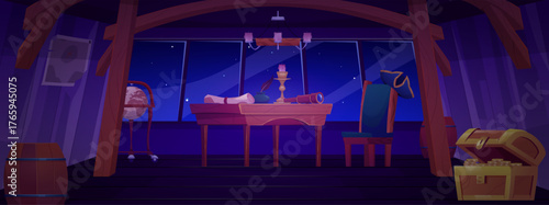 Night-time interior of a ship's cabin, wooden walls, furniture, windows, stars, and a globe.