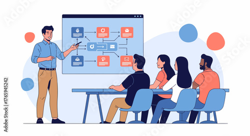 Business Presentation With Flowchart And Diverse Group Of People