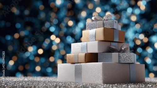 Stack of gift boxes with silver ribbons and bows on top. the boxes are arranged in a pyramid-like shape and are stacked on top of each other.