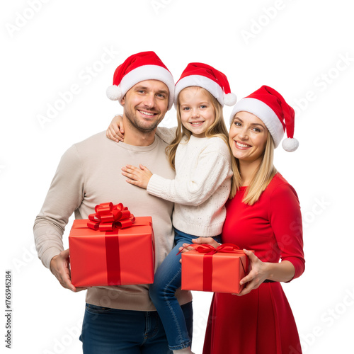 Family of Three with Gifts – Warm, Joyful Holiday Moment of Love and Togetherness

