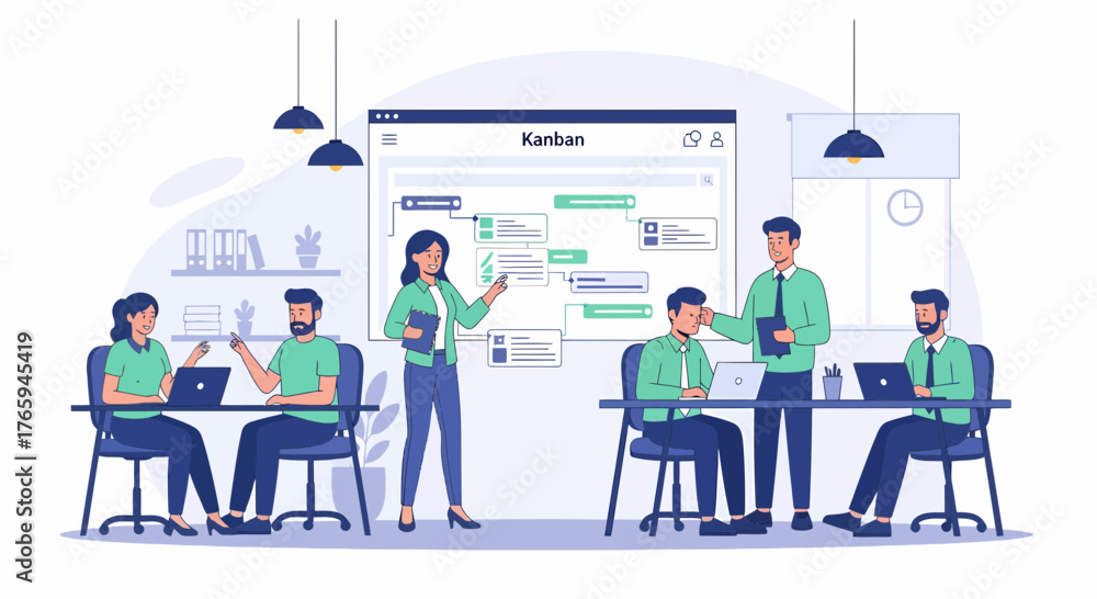 Fototapeta premium Diverse Team Discussing Kanban Board Strategy in Modern Office