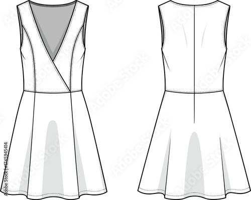 Technical fashion illustration of sleeveless wrap bodice dress, front and back view, deep V-neckline, flared skirt, knee length apparel sketch