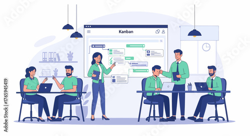 Diverse Team Discussing Kanban Board Strategy in Modern Office
