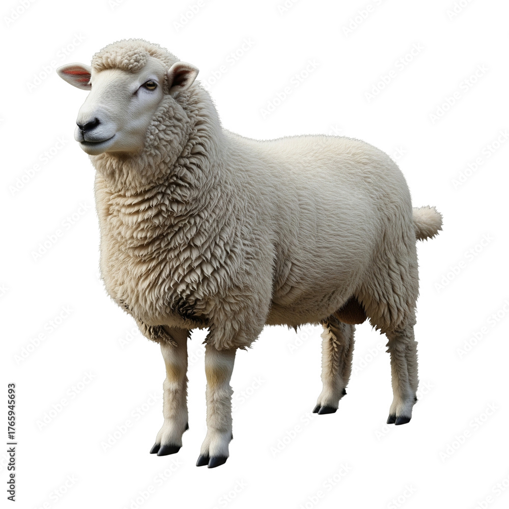 Fototapeta premium Full body shot of a sheep isolated on transparent background, standing in studio
