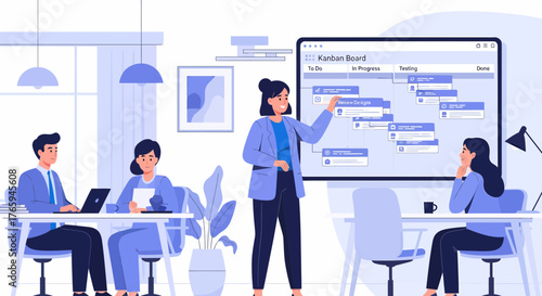 Team Discussing Kanban Board For Agile Software Development Workflow