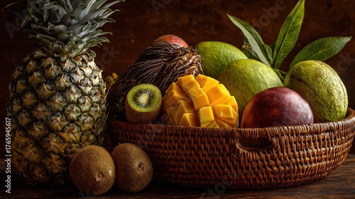  A close-up of a basket filled with juicy fruits including a pineapple, kiwi, and banana