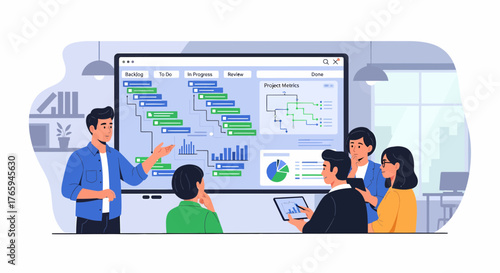 Team Discussing Project Metrics And Workflow Management At Meeting