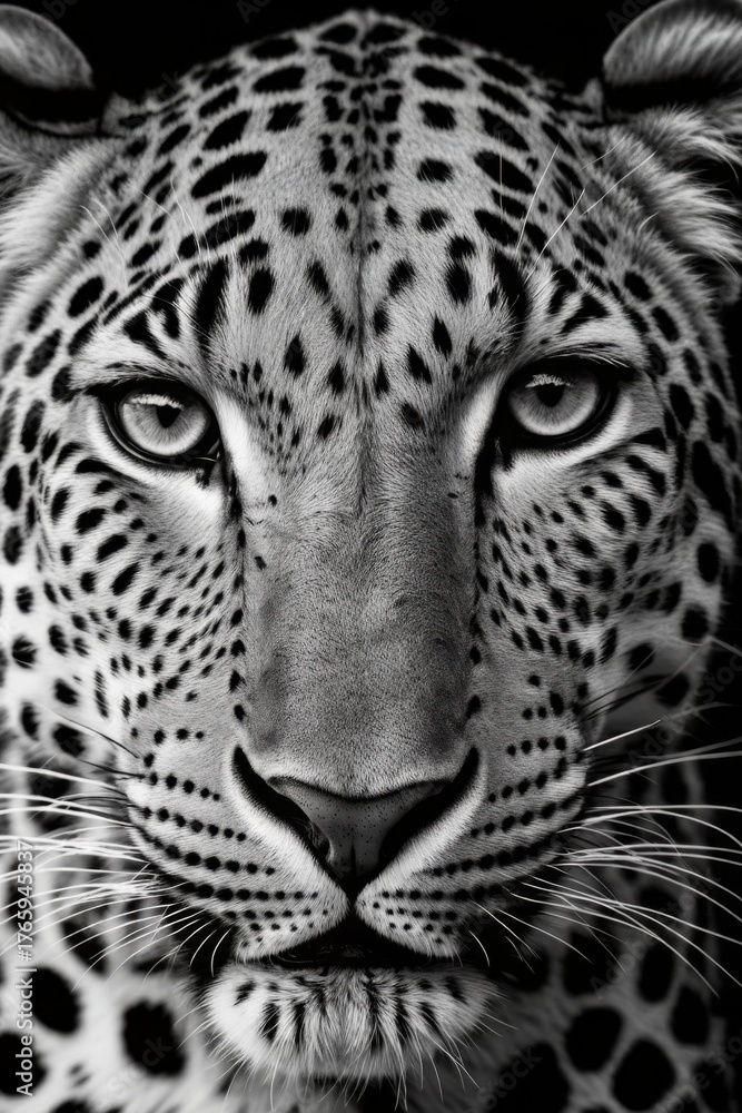 Fototapeta premium Realistische Schwarz-Weiß-Zeichnung eines Leoparden mit intensiven Augen