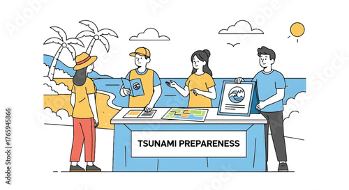Illustration of people discussing tsunami preparation at a desk with a map and sign in a colorful, flat design style.