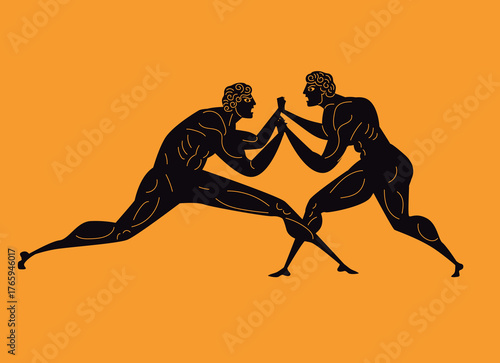 greek wrestling pankration with two fighters in classic orange and black style