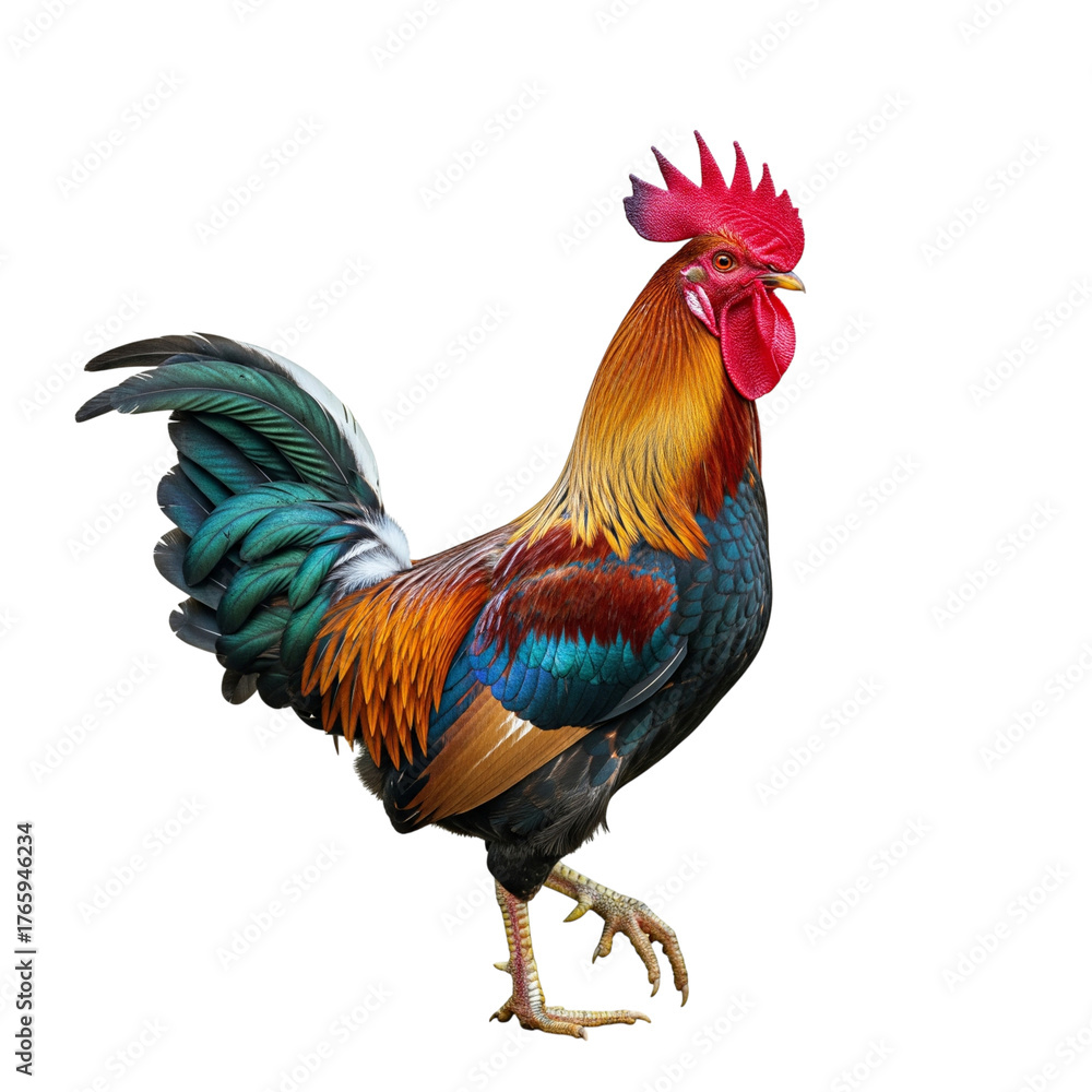 Fototapeta premium Proud rooster isolated on transparent background, walking and looking to the right
