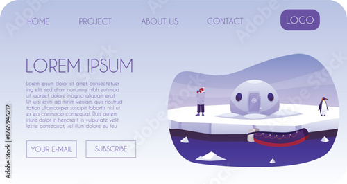 Arctic exploration Polar expedition vector landing page, scientific explorer on an ice island looking through binoculars