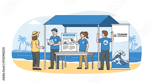 Illustration of people setting up a blue information booth on a beach with a tsunami warning sign, conveying a sense of disaster preparedness.