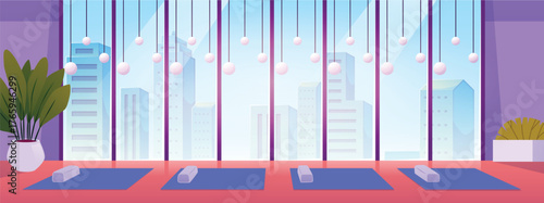 Yoga studio interior vector flat illustration, empty room with panoramic window, blue mats on floor and potted plant