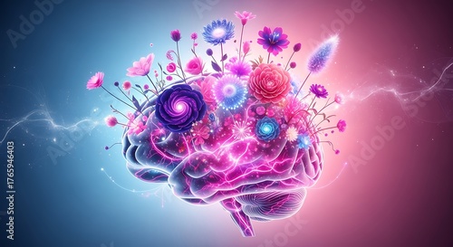 Colorful Abstract Brain with Vibrant Flowers and Light Effects for Creative and Medical Themes