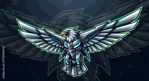 Dynamic cybernetic eagle mascot with glowing neon accents, soaring with powerful wings, perfect for esports and tech branding