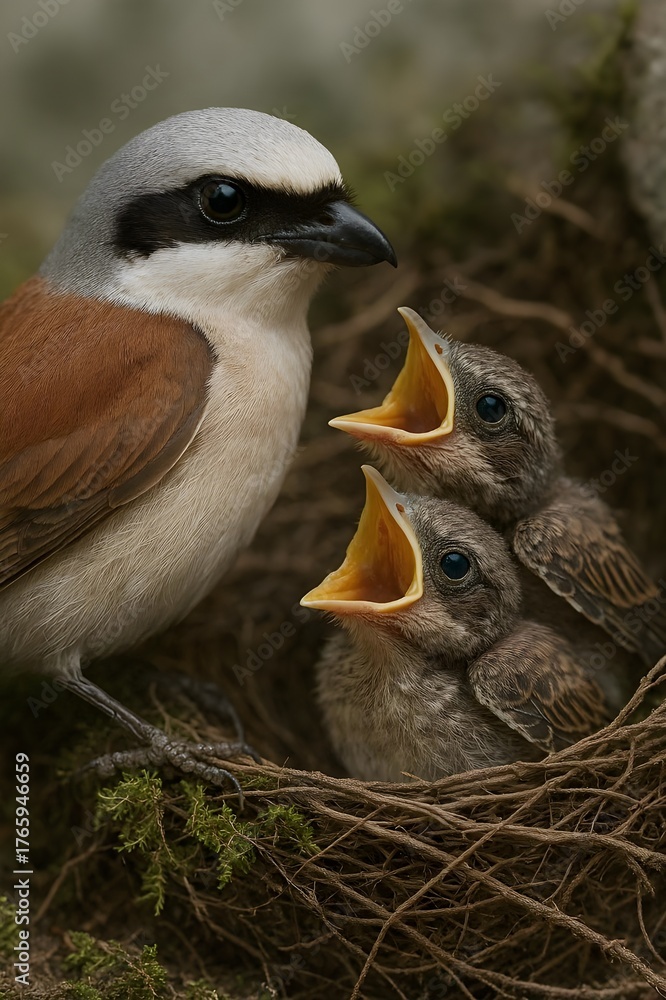 Fototapeta premium Close-range eye-level portrait of red-backed shrike at nest with two chicks, moss and root fiber weave readable thread-by-thread, soft northern overcast light