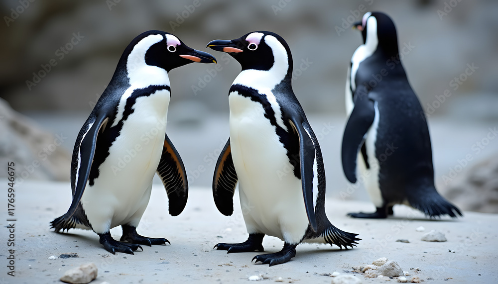 Obraz premium Three African penguins standing together on a sandy beach in natural light