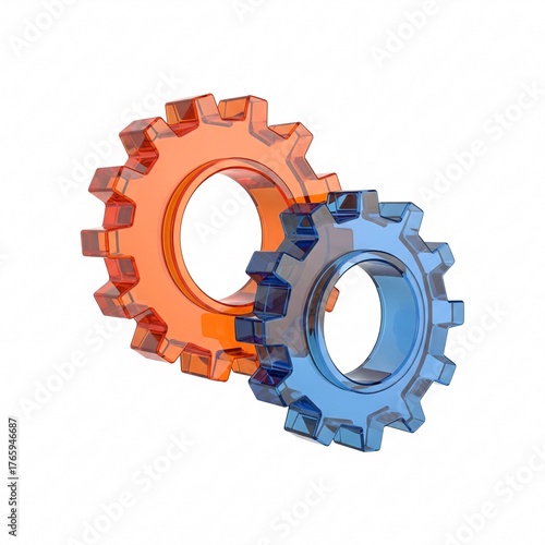 3D Gears Icon. Glassmorphism symbol for engineering, technology, and teamwork process. Interlocking cogs isolated on white background.