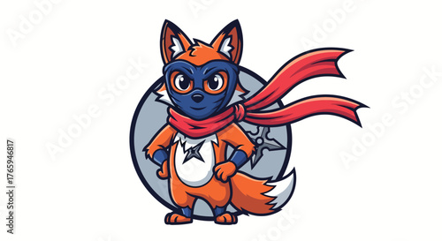 Dynamic ninja fox character ready for action, showcasing bravery and agility with a flowing red scarf and shuriken emblem