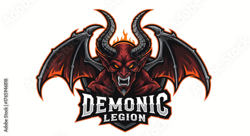 Fierce demon mascot with sharp fangs, glowing eyes, and imposing wings ready for epic gaming battles or dark fantasy branding