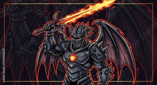 Fierce winged knight wielding a fiery sword, exuding power and mythical strength in dark fantasy art