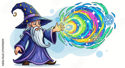 Mysterious wizard conjures vibrant magical energy with glowing symbols and swirling colors, evoking wonder and enchantment