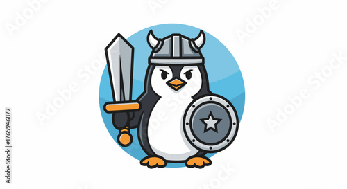 Brave penguin warrior ready for battle with sword and shield, embodying strength and determination in a playful cartoon style.