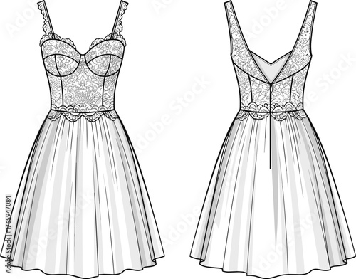 Elegant lace evening dress, women’s fashion illustration, front and back view, sweetheart neckline, flared skirt, technical sketch, couture apparel design