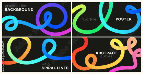 Gradient color line backgrounds. Abstract wave brush stroke elements, spiral ribbon shapes with dynamic flow curves, fluid dynamic geometric figures. Vector banner set