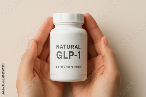 Natural glp-1 supplement healthy weight loss wellness concept shown as white dietary bottle held by hands conveying lifestyle balance and gentle hopeful emotion