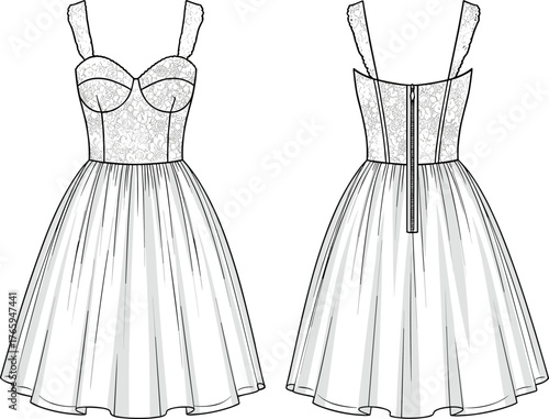Women’s lace dress illustration, fashion technical sketch, front and back view, sweetheart neckline, flared skirt, couture apparel design, garment construction drawing