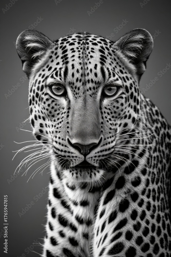 Obraz premium Detailliertes schwarz-weiß Porträt eines Leoparden im Realismus-Stil
